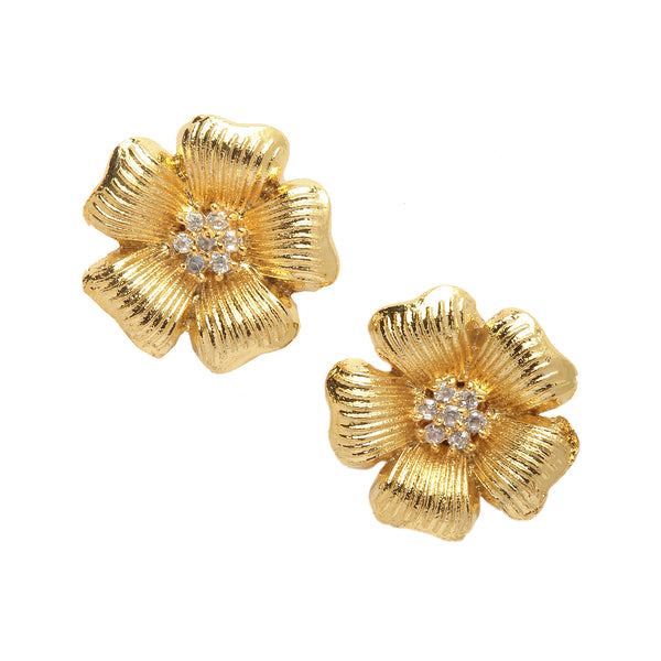 Gold-Plated White American Diamond studded Floral Shaped Stud Earrings