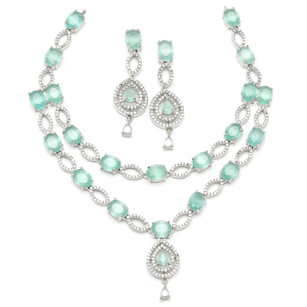 Rhodium-Plated Sea Green American Diamond Studded Abstract Necklace & Earrings Jewellery Set