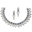 Rhodium-Plated Navy Blue American Diamond Studded Floral & Leaf Shaped Necklace with Earrings Jewellery Set