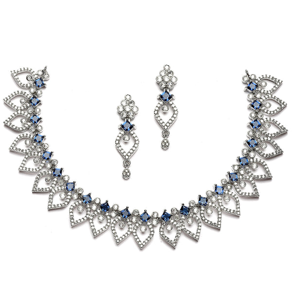 Rhodium-Plated Navy Blue American Diamond Studded Floral & Leaf Shaped Necklace with Earrings Jewellery Set