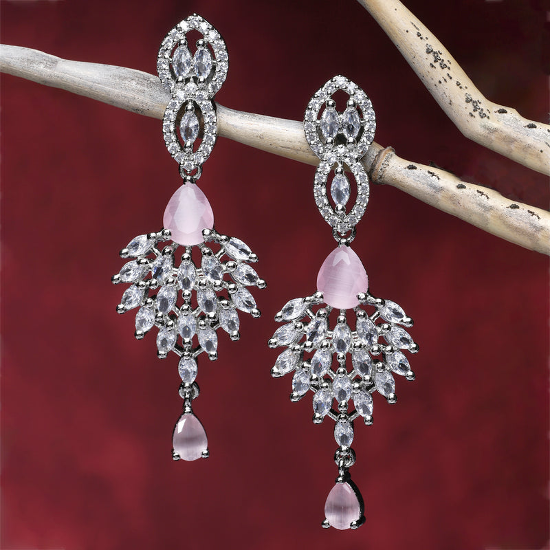 Rhodium-Plated Pink American Diamond studded Handcrafted Spiked Drop Earrings