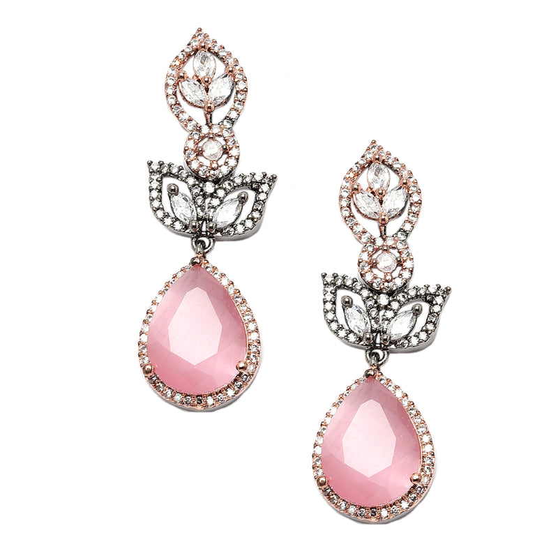 Rose Gold-Plated Gunmetal Toned Pink American Diamond studded Teardrop & Leaf Shaped Drop Earrings