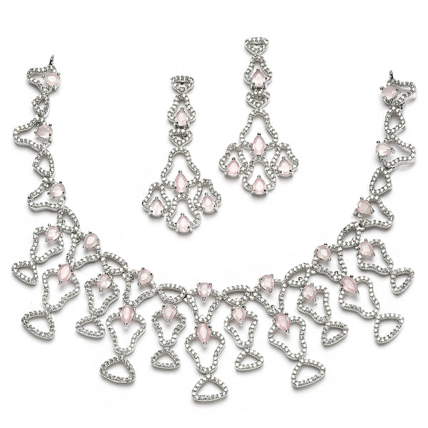 Rhodium-Plated Pink American Diamond Studded Quirky Design Necklace with Earrings Jewellery Set