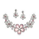 Rhodium-Plated Pink American Diamonds Studded Flower Necklace & Earrings Jewellery Set