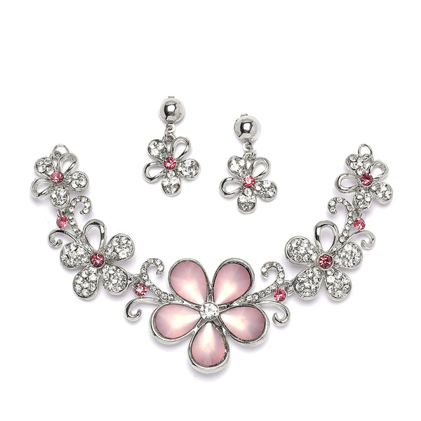 Rhodium-Plated Pink American Diamonds Studded Floweret Necklace & Earrings Jewellery Set