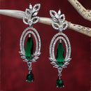Rhodium-Plated Green & White American Diamond studded Handcrafted Teardrop Shaped Drop Earrings
