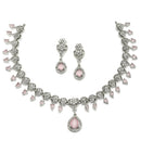 Rhodium-Plated Pink American Diamond Studded Floral & Teardrop Shaped Necklace & Earrings Jewellery Set