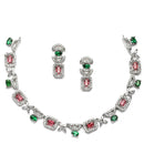 Rhodium-Plated Red & Green American Diamonds Studded Boxy Necklace & Earrings