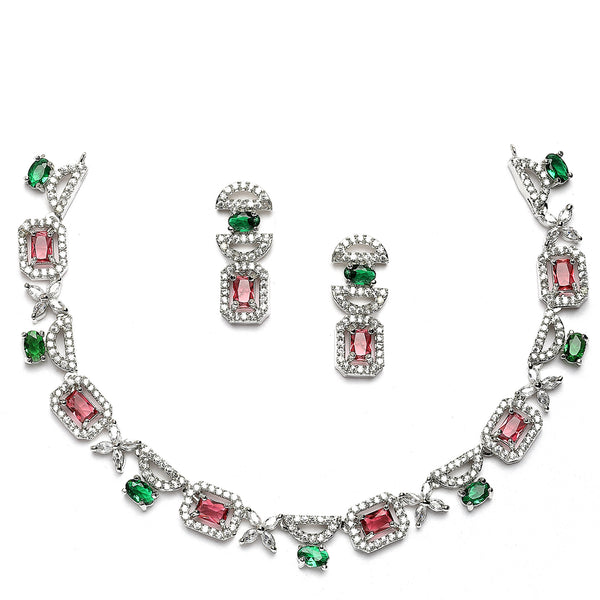 Rhodium-Plated Red & Green American Diamonds Studded Boxy Necklace & Earrings