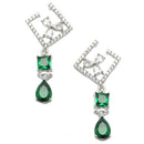 Rhodium-Plated Green & White American Diamond studded Square & Teardrop Shaped Contemporary Drop Earrings