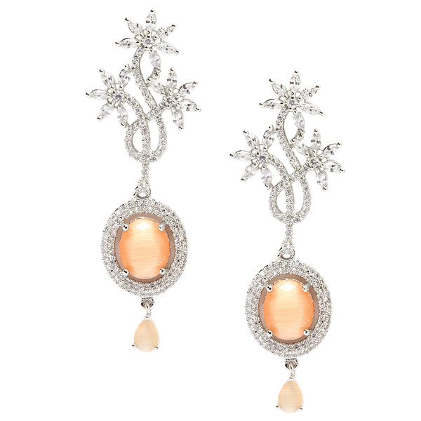 Rhodium-Plated Orange American Diamond studded Contemporary Drop Earrings