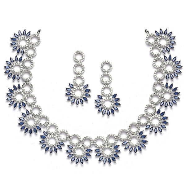 Rhodium-Plated Navy Blue American Diamond Studded Classic Necklace with Earrings Jewellery Set