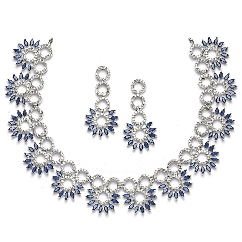 Rhodium-Plated Navy Blue American Diamond Studded Classic Necklace with Earrings Jewellery Set