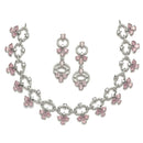 Rhodium-Plated Pink Oval American Diamond Studded Circular Shaped Necklace & Earrings Jewellery Set
