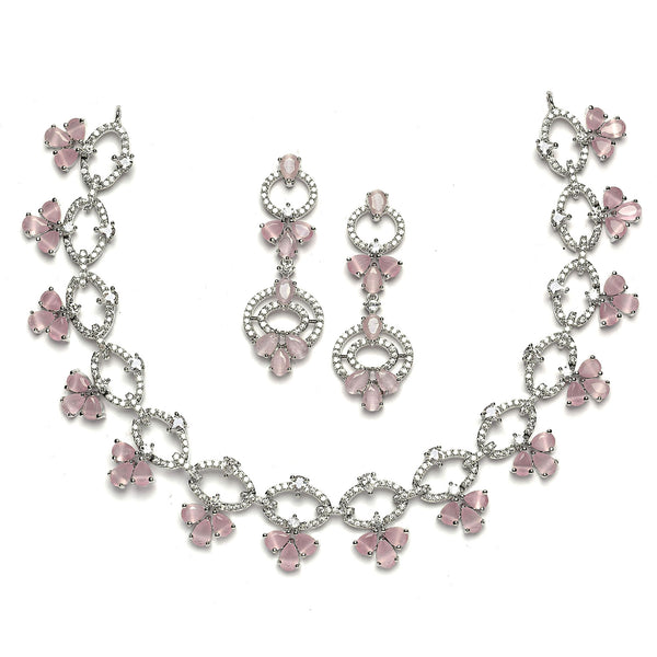 Rhodium-Plated Pink Oval American Diamond Studded Circular Shaped Necklace & Earrings Jewellery Set