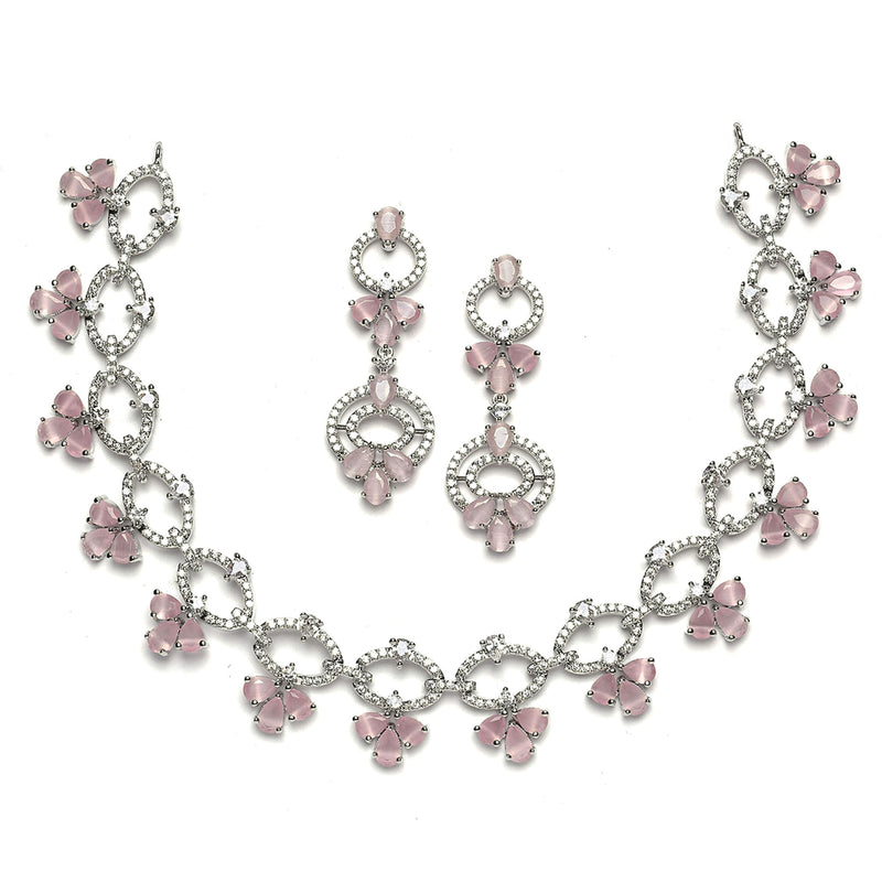 Rhodium-Plated Pink Oval American Diamond Studded Circular Shaped Necklace & Earrings Jewellery Set
