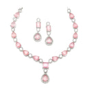 Rhodium-Plated Pink American Diamond Studded Fashionable Necklace & Earrings Jewellery Set