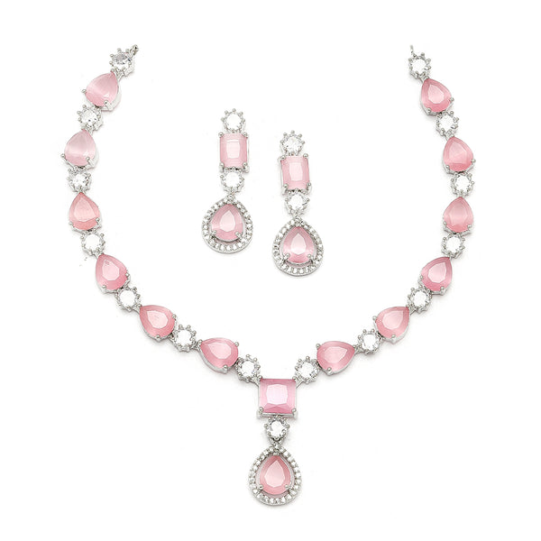 Rhodium-Plated Pink American Diamond Studded Fashionable Necklace & Earrings Jewellery Set