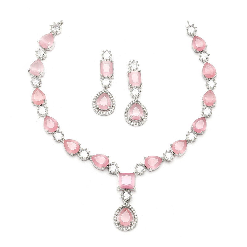 Rhodium-Plated Pink American Diamond Studded Fashionable Necklace & Earrings Jewellery Set
