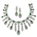 Rhodium-Plated Green American Diamond Studded Teardrop Tasselled Necklace & Earrings Jewellery Set