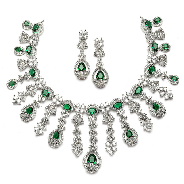 Rhodium-Plated Green American Diamond Studded Teardrop Tasselled Necklace & Earrings Jewellery Set