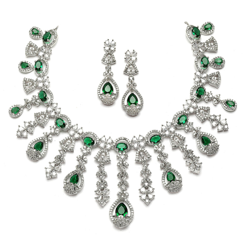 Rhodium-Plated Green American Diamond Studded Teardrop Tasselled Necklace & Earrings Jewellery Set