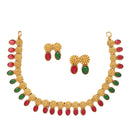 Gold-Plated Red & Green Cubic Zirconia Studded Floral Theme Jewellery Set