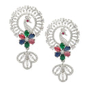 Rhodium-Plated Multi-Colour American Diamond studded Handcrafted Peacock Shaped Drop Earrings