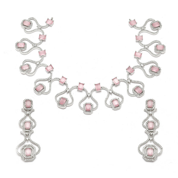 Rhodium-Plated Pink American Diamond Studded Outlandish Design Necklace & Earrings Jewellery Set