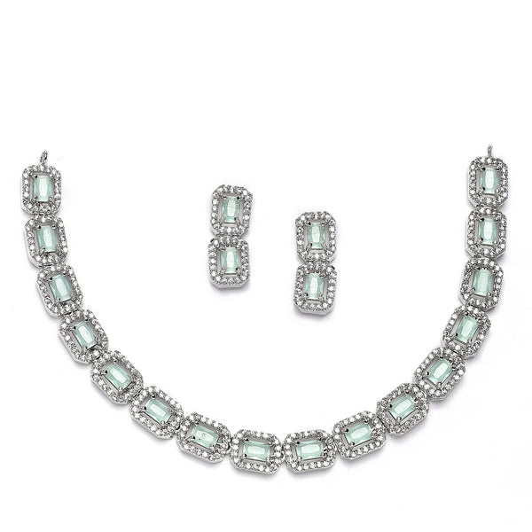 Rhodium-Plated Sea Green American Diamonds Studded Quadrate Shaped Necklace & Earrings Jewellery Set
