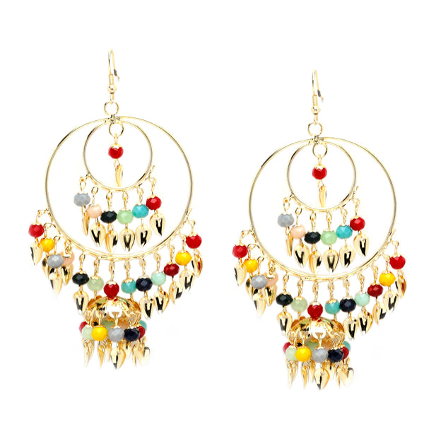 Gold-Plated Multi-Coloured Artificial Stones studded Circular Layered Drop Earrings
