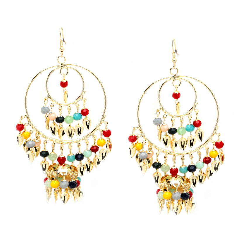 Gold-Plated Multi-Coloured Artificial Stones studded Circular Layered Drop Earrings