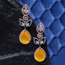 Rose Gold-Plated Gunmetal Toned Yellow American Diamond studded Teardrop & Leaf Shaped Drop Earrings