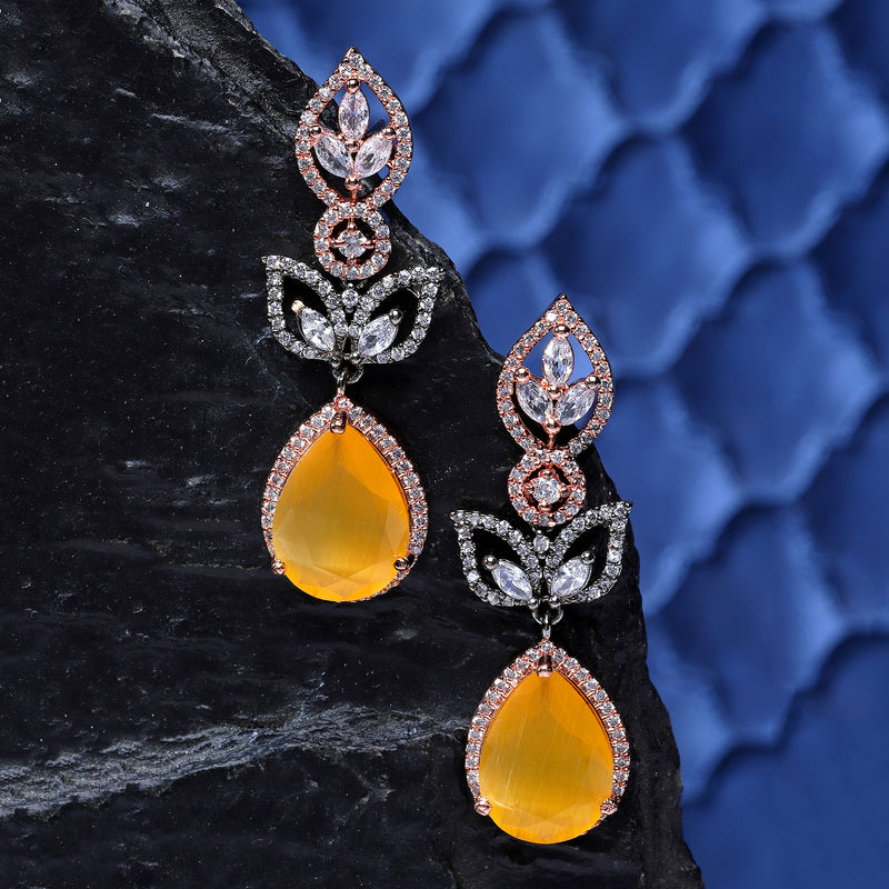 Rose Gold-Plated Gunmetal Toned Yellow American Diamond studded Teardrop & Leaf Shaped Drop Earrings