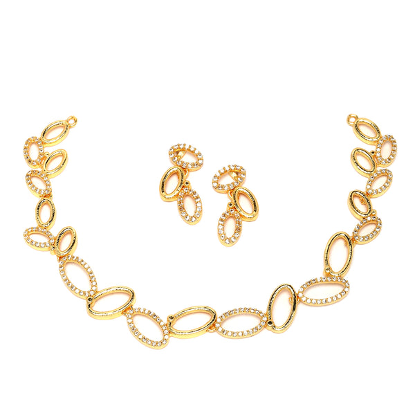 Gold-Plated White American Diamond Studded Oval Shaped Necklace with Earrings Jewellery Set