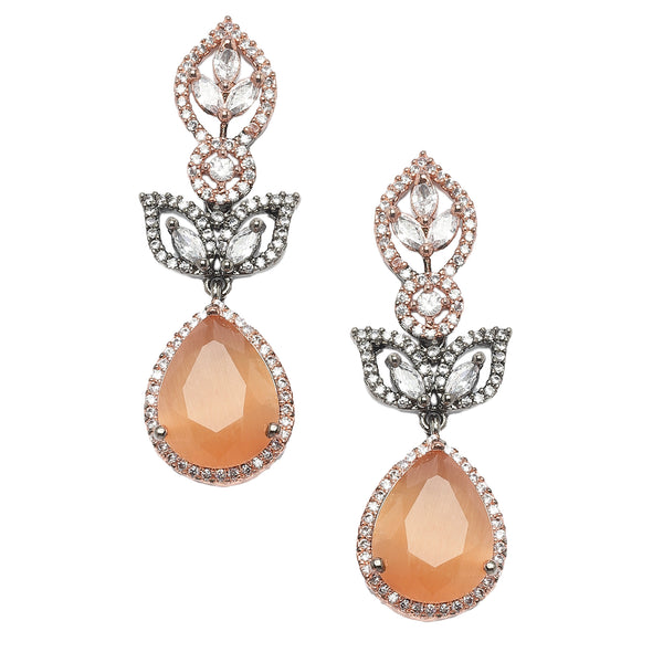 Rose Gold-Plated Gunmetal Toned Orange American Diamond studded Teardrop & Leaf Shaped Drop Earrings
