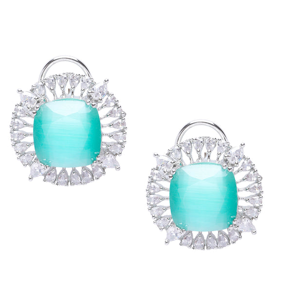Rhodium-Plated Sea Green & White American Diamond studded Contemporary Round Stud Earrings