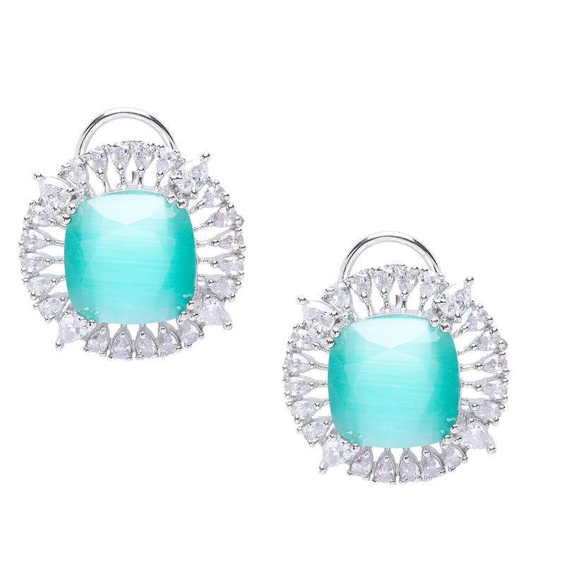 Rhodium-Plated Sea Green & White American Diamond studded Contemporary Round Stud Earrings