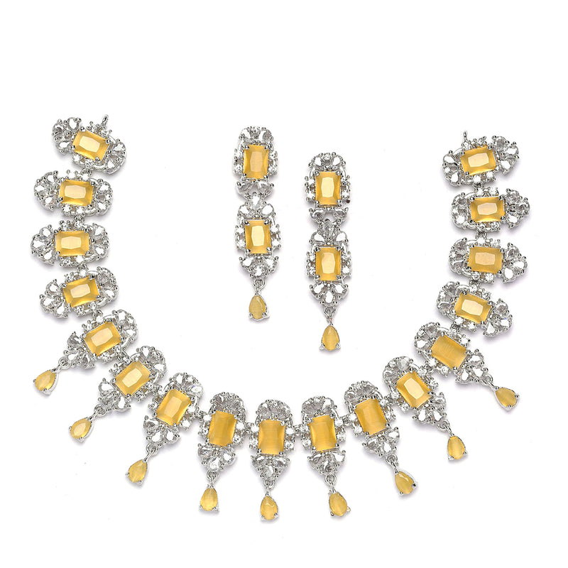 Rhodium-Plated Yellow American Diamonds Studded Teardrop & Cubical Necklace & Earrings Jewellery Set