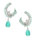 Rhodium-Plated Sea Green American Diamond studded Peacock & Feather Shaped Drop Earrings