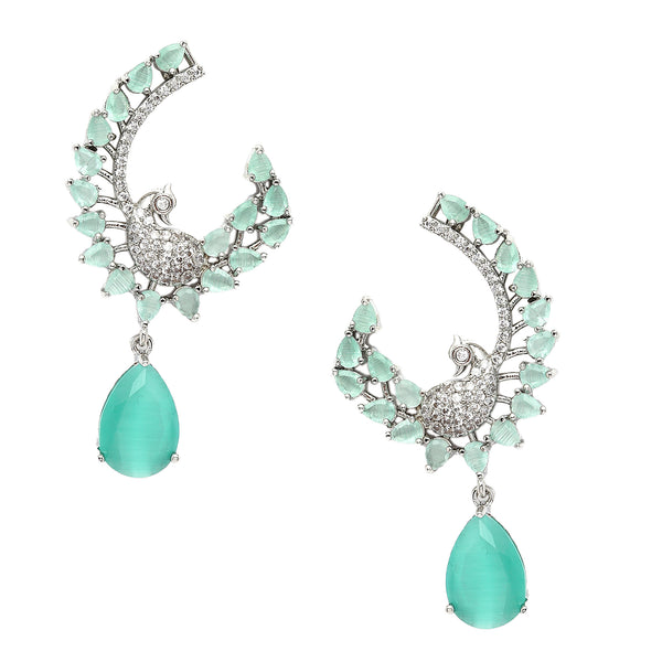 Rhodium-Plated Sea Green American Diamond studded Peacock & Feather Shaped Drop Earrings