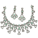 Rhodium-Plated Sea Green American Diamond Studded Quirky Design Necklace with Earrings Jewellery Set