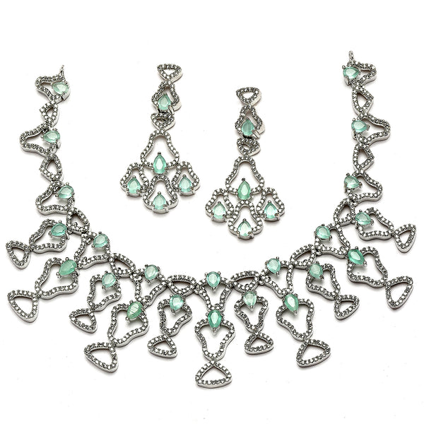 Rhodium-Plated Sea Green American Diamond Studded Quirky Design Necklace with Earrings Jewellery Set