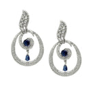 Rhodium-Plated Navy Blue & White American Diamond studded Oval Shaped Drop Earrings