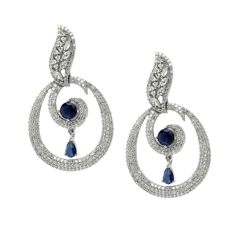 Rhodium-Plated Navy Blue & White American Diamond studded Oval Shaped Drop Earrings
