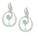 Rhodium-Plated Sea Green & White American Diamond studded Oval Shaped Drop Earrings