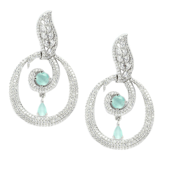 Rhodium-Plated Sea Green & White American Diamond studded Oval Shaped Drop Earrings