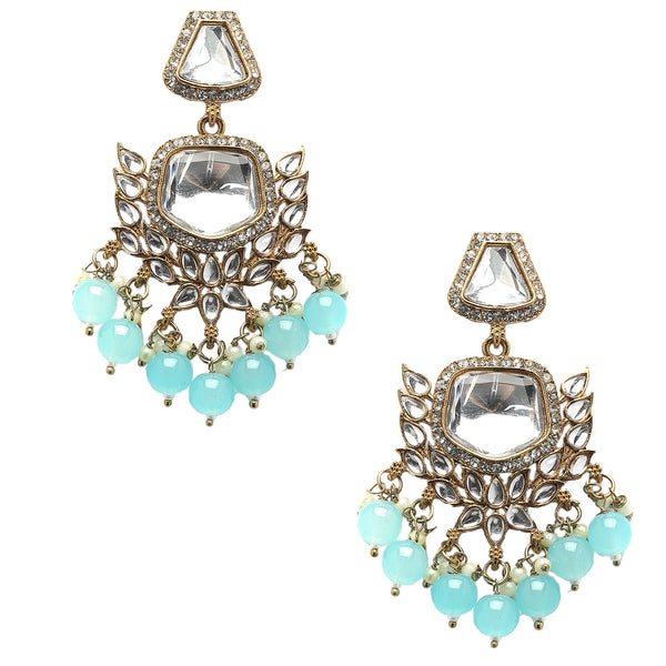 Gold-Plated Kundan & Sky Blue Pearls studded Classic Mirror Drop Earrings