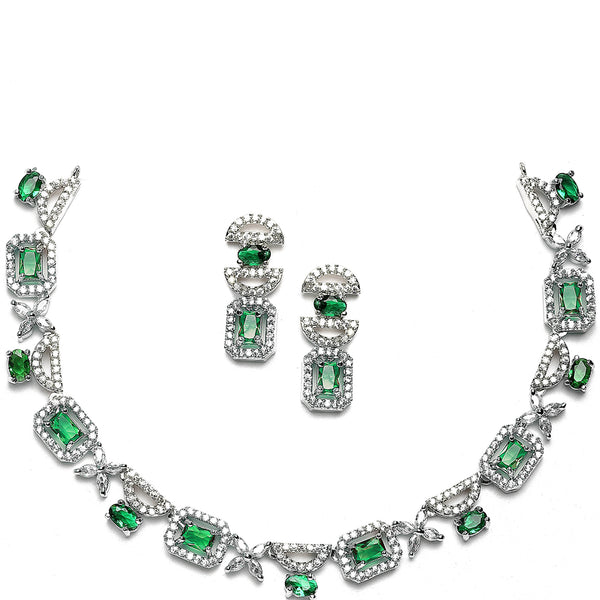Rhodium-Plated Green American Diamonds Studded Boxy Necklace & Earrings Jewellery Set