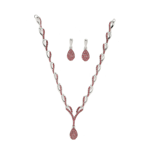 Silver-Plated Pink & White Cubic Zirconia Studded Teardrop Shaped Necklace with Earrings Jewellery Set